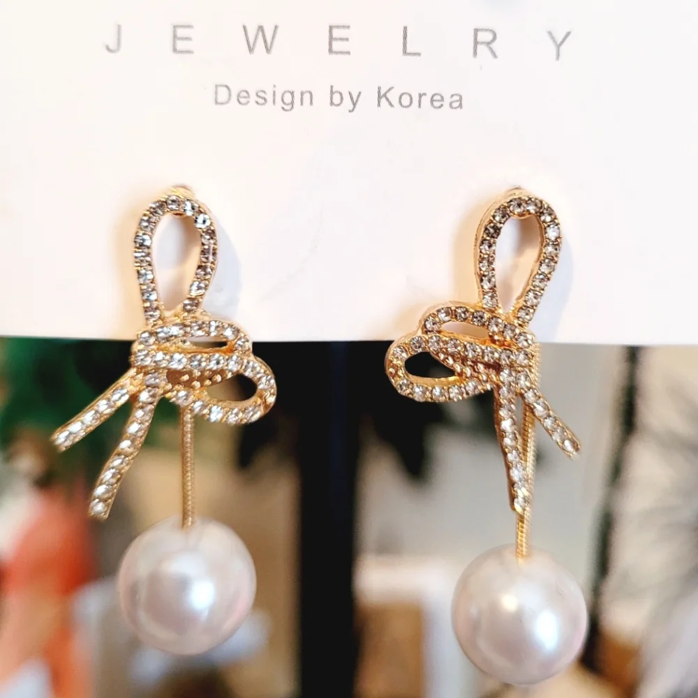 🌺Pearl Rhinestone Earings With Rhinestone Bows Dangle Earings Cocktail Earings - Picture 2 of 2